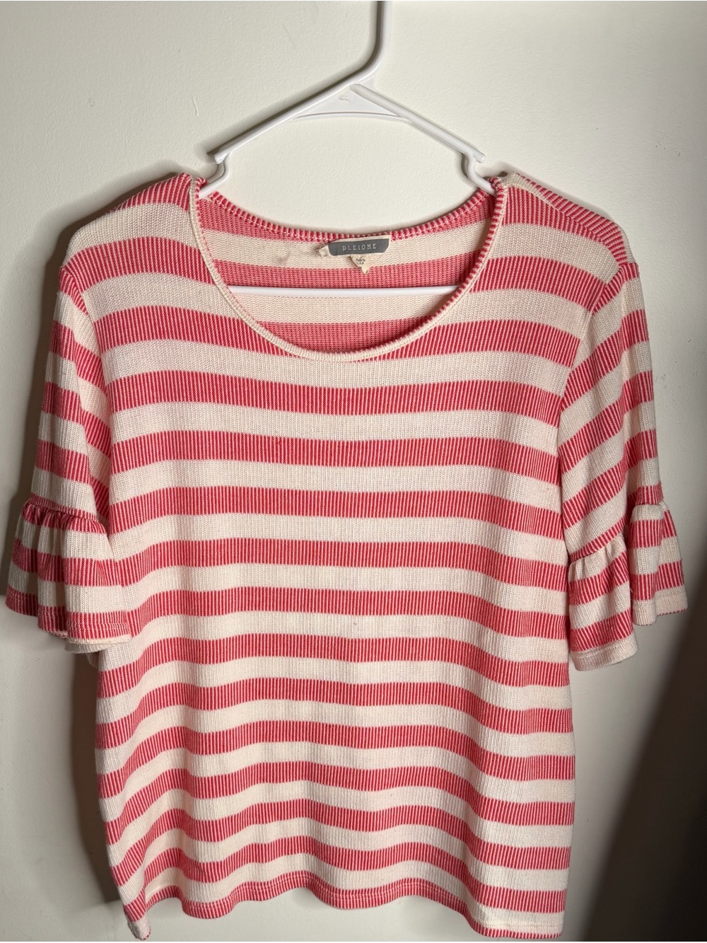 Pleione Pink and Cream Striped Ruffle-Sleeve Top